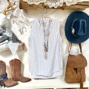 Anthropologie ELLEN Tracey LINEN tank/sleveless boho stripe blouse w vacay vibe